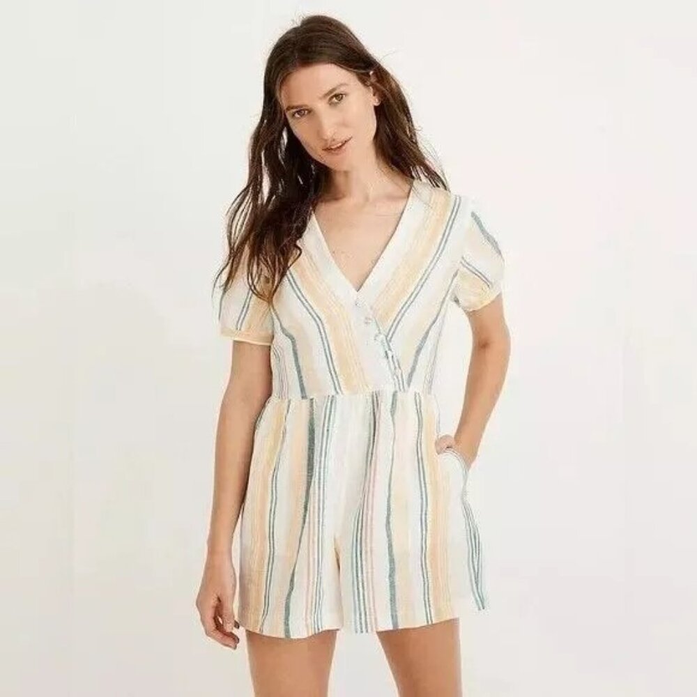 NWT Madewell One Piece Shorts Romper Natural Stripe Size 6 Puff Sleeve Button